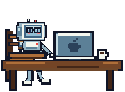 A pixel robot wearing glasses, seated at a wooden table and browsing coffee on a laptop