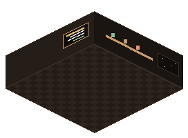 An isometric pixel café: checkered floor, a chalk menu board on one wall, a shelf of bean bags and a window onto open space on the other.